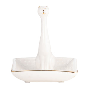 Porcelain Square Cat Ring Holder - White and Gold