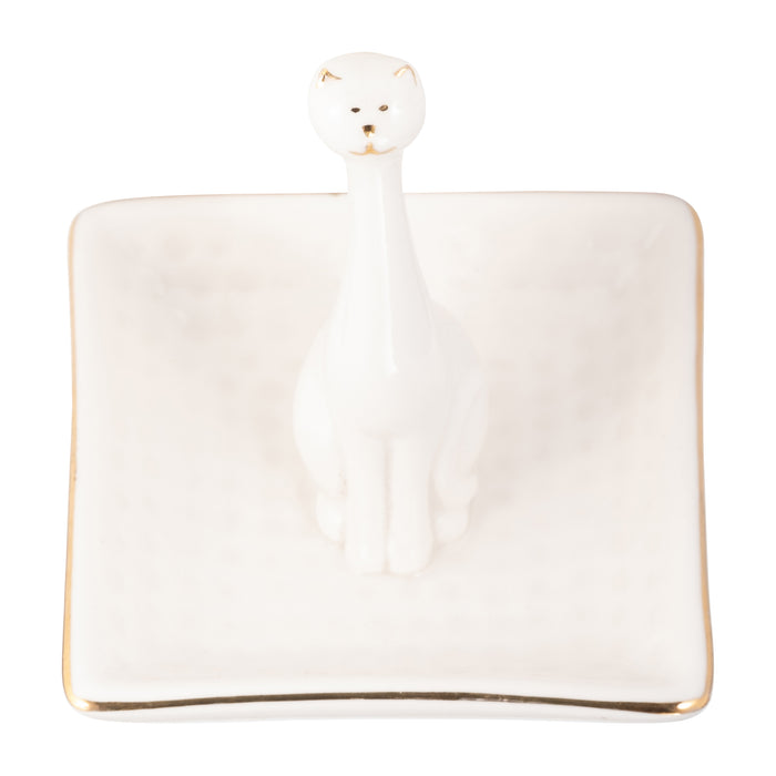 Porcelain Square Cat Ring Holder - White and Gold