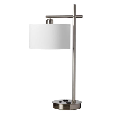 Dainolite 1 Light Table Lamp USB Port Satin Chrome Finish White Shade|Lampe de table de Dainolite avec abat-jour blanc, fini chromé satiné et 1 ampoule avec port USB