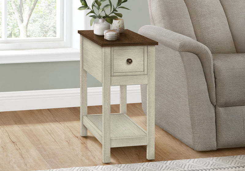 Accent Side End Table 2-Tier Narrow Bedroom Storage Drawer Antique White Brown Veneer Transitional