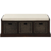Leif Solid Wood And Rattan Baskets Storage Bench With Cushioned Seat - Espresso