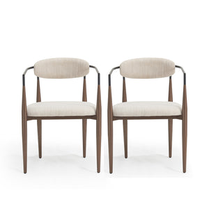 Mila Dining Chair Set Of 2 With Upholstered Fabric And Metal Frame - Beige and Walnut