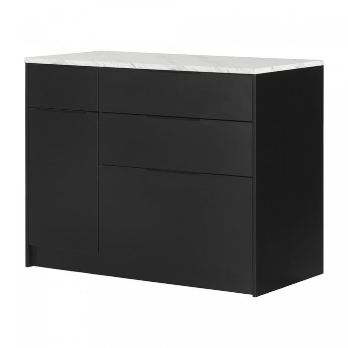 Olio Kitchen Island With Door And Drawers - Matte Black And Faux White Marble