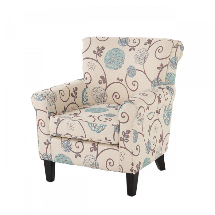 Catherine Linen-look Fabric Accent Chair With Wood Legs - White and Blue