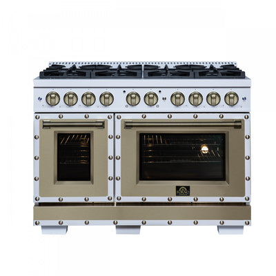 Forno Ambassador 48" Gas Range in White, 8 Sealed Burners, 6.7 Cu.Ft. Ovens - FFSGS6299-48CPWHT | Cuisiniere a gaz Ambassador de 48 po, blanche, 8 bruleurs scelles, fours de 6,7 pi³ – FFSGS6299-48CPWHT