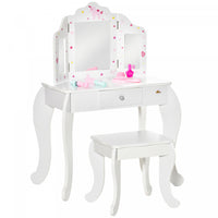 Qaba Kids Vanity Table & Stool Girls Dressing Set Make Up Desk With Tri-folding Mirrors Drawer Star