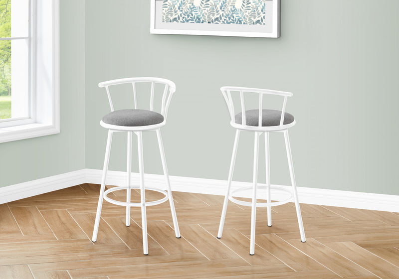 Barstool Set of 2 Swivel Bar-Height White Metal Grey Fabric Contemporary Modern