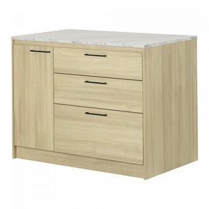 Myro Kitchen Island With Door And Drawers - Faux White Marble And Blonde Oak