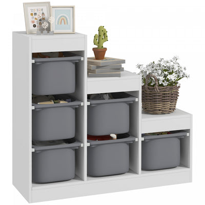 Qaba Toy Storage Organizer With 6 Plastic Bins, 3 Layers Kids Bookshelf Children Toy Storage With Anti-tipping Design, For Ages 3-8 Years, Study Room, Playroom, White