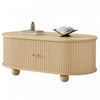 Ethan Oval Coffee Table with Sliding Doors and Hidden Storage,Natural Wood