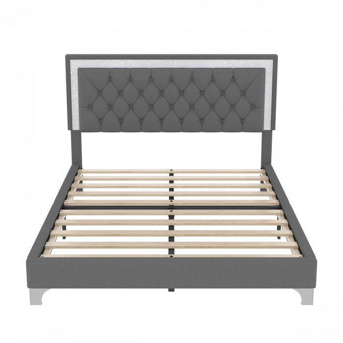 Sophia 3 Piece Velvet Tufted Headboard Bedroom Set With Upholstered Bed And Led Lights,queen Size,grey Queen Bed