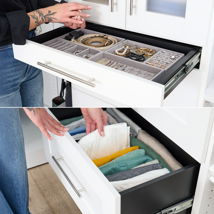 Bestar Florence 113\" Modular U-Shaped Walk-In Closet System with LED Lights, Rods, Shelves, Drawers and Doors Shaker Style - White