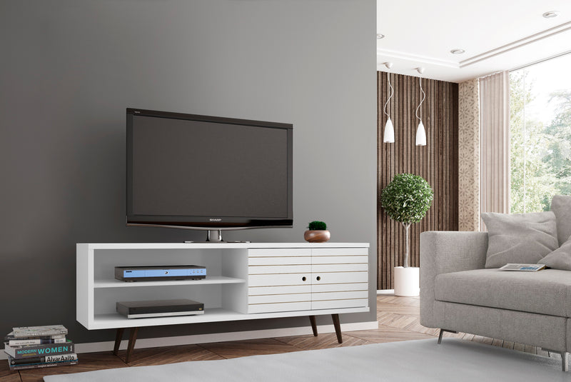 Manhattan Comfort Liberty 62.99\" Mid-Century Modern TV Stand with 3 Shelves & 2 Doors - White & Yellow