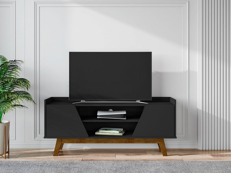 Manhattan Comfort Mid-Century Modern Marcus 53.14\" TV Stand with Solid Wood Legs - Matte Black