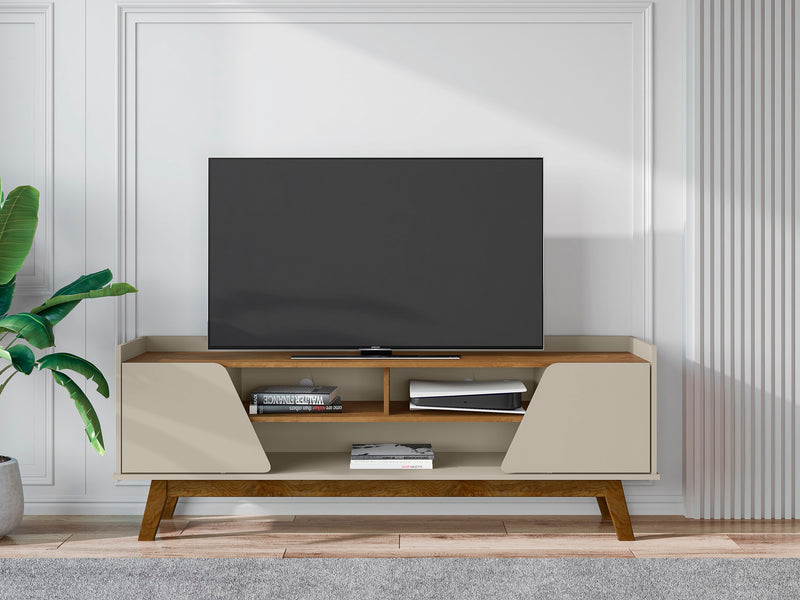 Manhattan Comfort Mid-Century Modern Marcus 62.99\" TV Stand with Solid Wood Legs - Greige & Natural