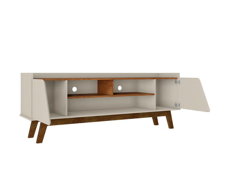 Manhattan Comfort Mid-Century Modern Marcus 62.99\" TV Stand with Solid Wood Legs - Greige & Natural