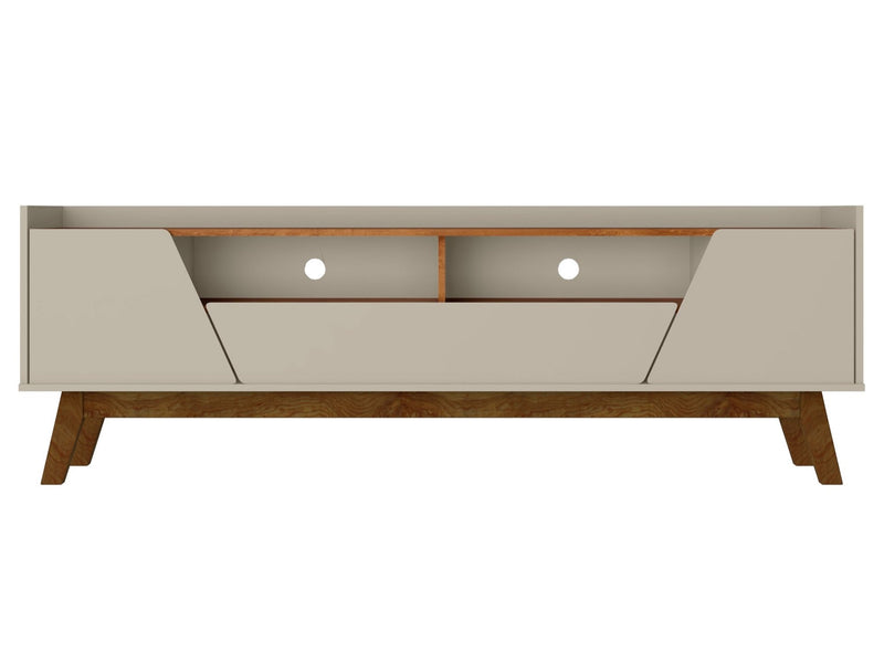 Manhattan Comfort Mid-Century Modern Marcus 70.86\" TV Stand with Solid Wood Legs - Greige & Natural