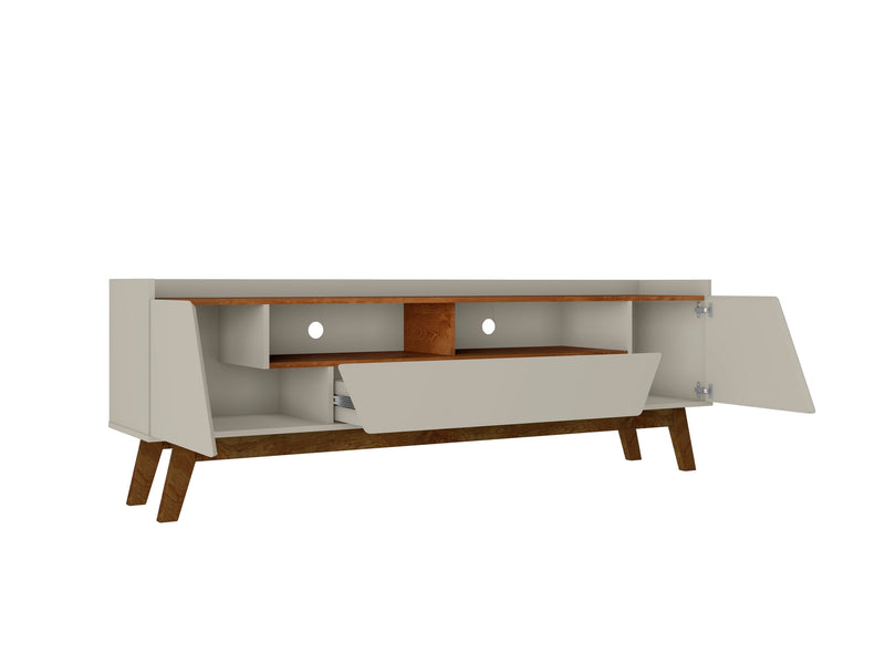 Manhattan Comfort Mid-Century Modern Marcus 70.86\" TV Stand with Solid Wood Legs - Greige & Natural