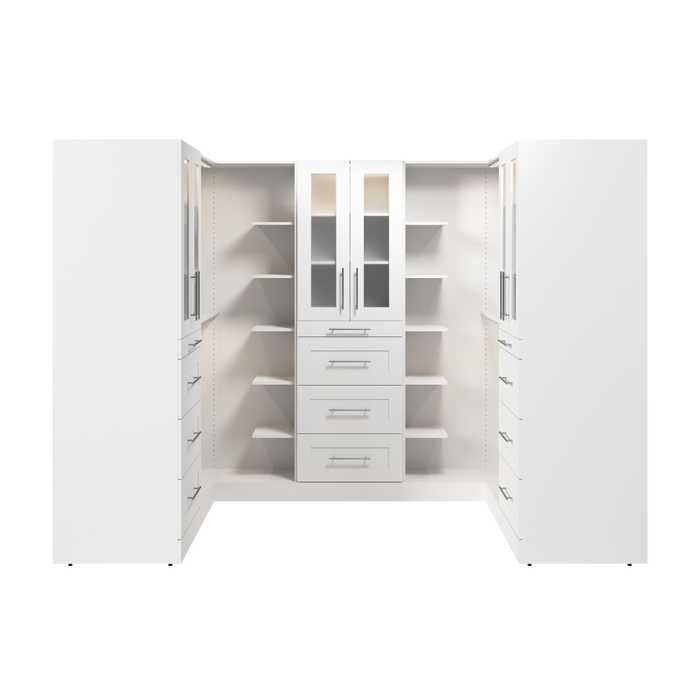 Bestar Florence 113\" Modular U-Shaped Walk-In Closet System with LED Lights, Rods, Shelves, Drawers and Doors Shaker Style - White