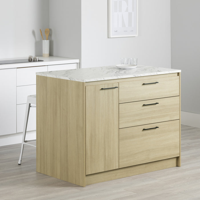 Myro Kitchen Island With Door And Drawers - Faux White Marble And Blonde Oak