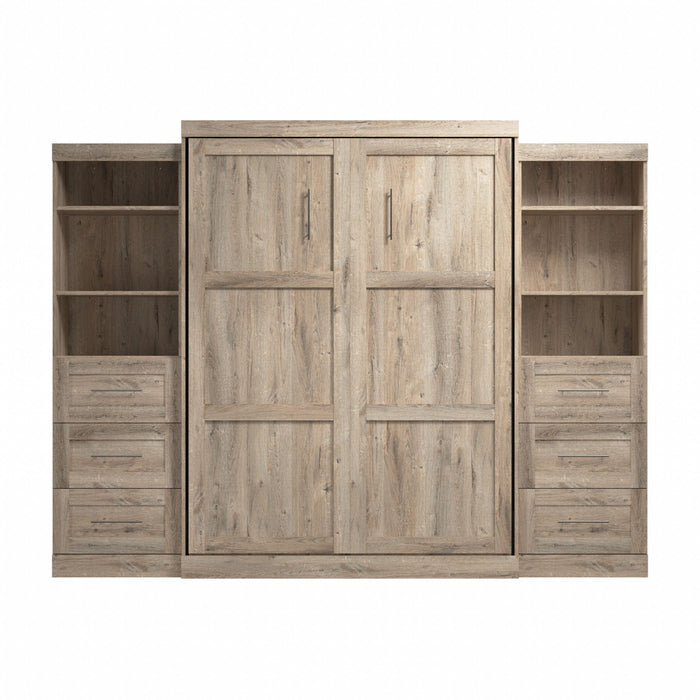 Bestar Pur Queen Murphy Two Shelving Units with Drawers 115-Inch Wall Bed - Rustic Brown