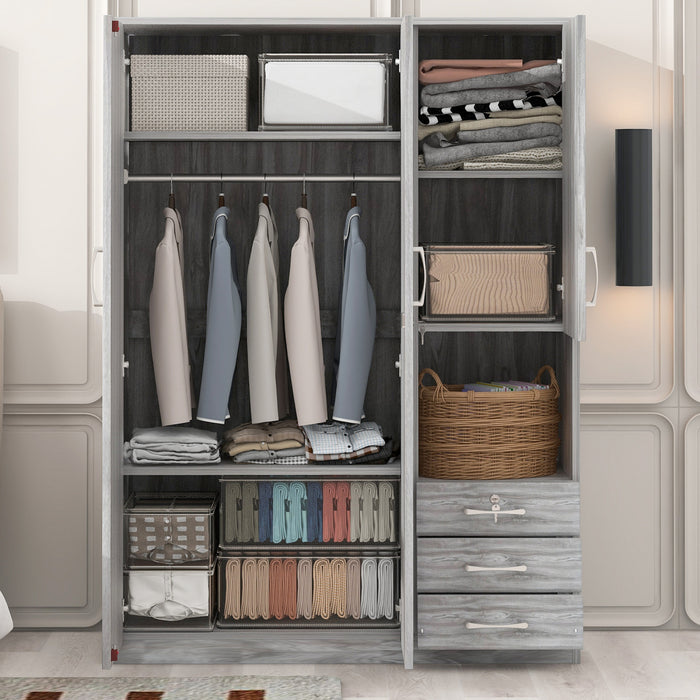 Lydia 47.2\" 2-doors Wooden Wardrobe Storage With Shelves And 3 Drawers, Grey