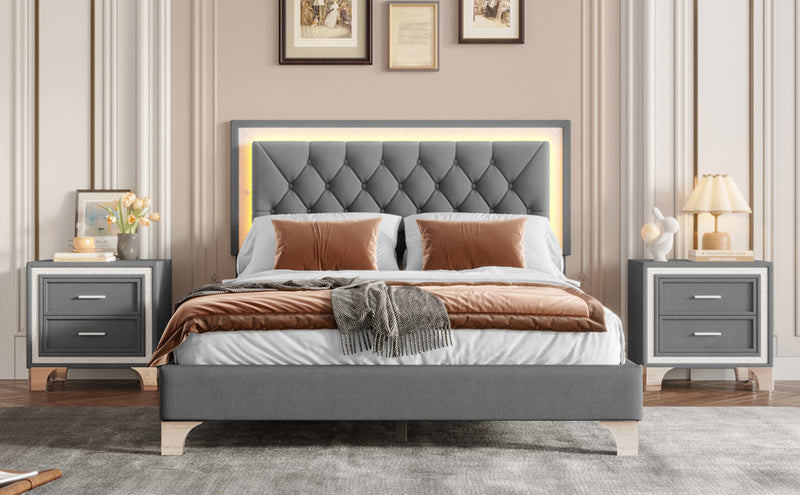 Sophia 3 Piece Velvet Tufted Headboard Bedroom Set With Upholstered Bed And Led Lights,queen Size,grey Queen Bed