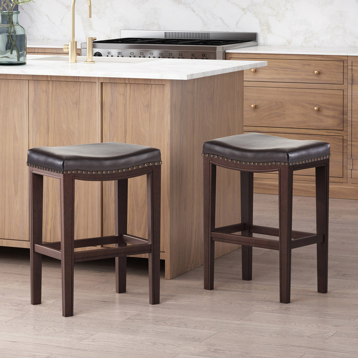 Tiffin Counter Stools Set Of 2, Saddle Seat With Studded Trim, Vegan Leather - Brown
