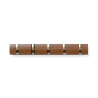 Umbra 5 Flip Wall-Mounted Hooks - Light Walnut and Gold|5 crochets muraux Flip de Umbra - noyer clair et dorés