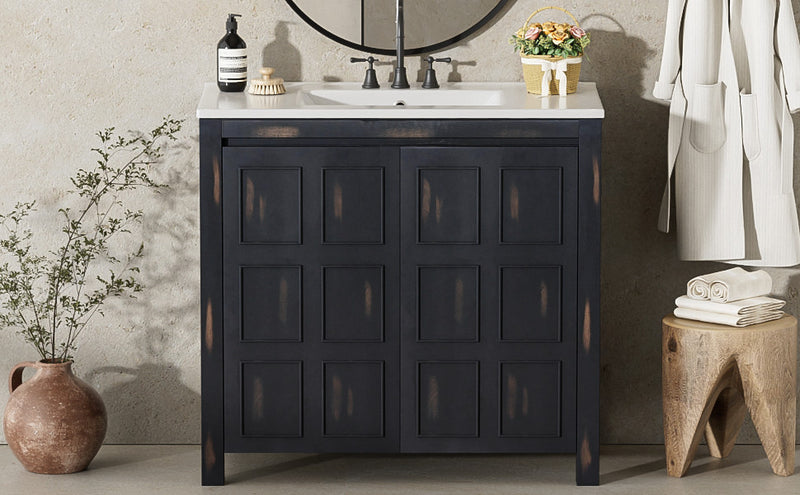 Laura 36\" Solid Wood Bathroom Vanity With Ceramic Sink,espresso Accent Cabinet