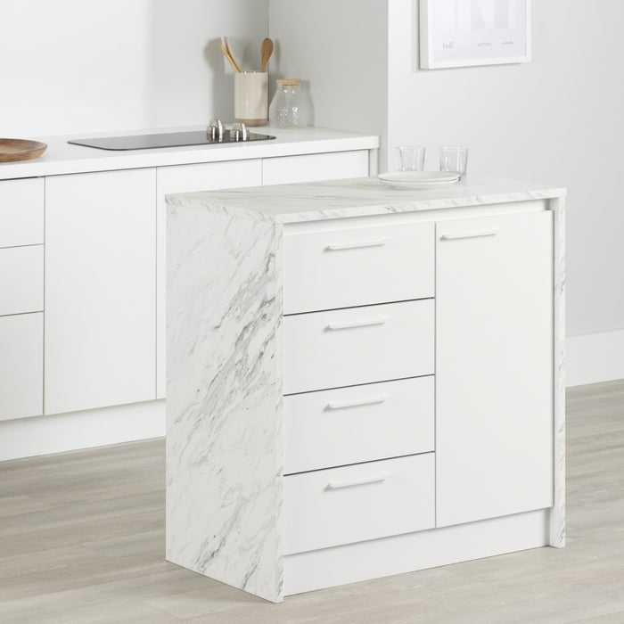 Myro Compact Kitchen Island With Storage - Faux White Marble And White