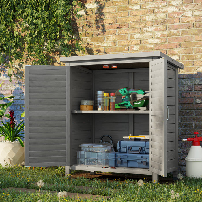Outsunny Garden Shed Wooden Garden Storage Shed 2 Door Unit Solid Fir Wood Garage Tool Organisation Cabinet, 34.3\" X 18.3\" X 38\", Grey