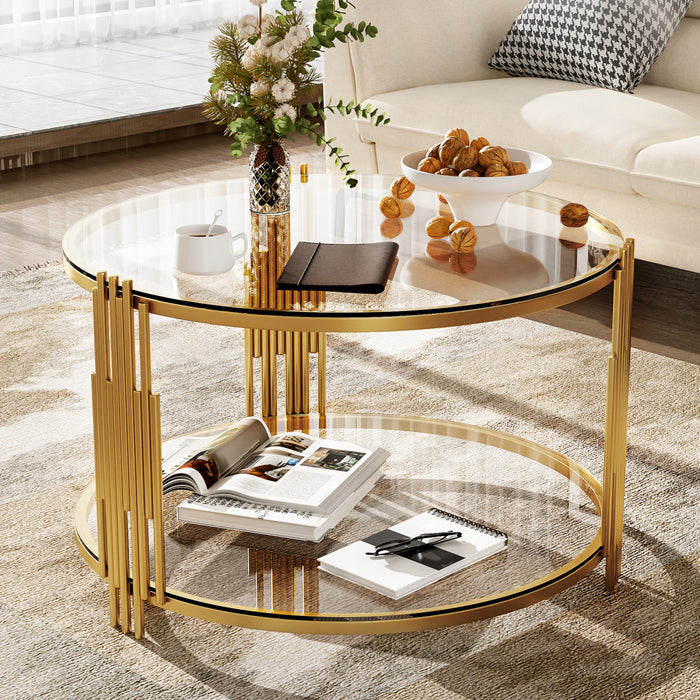Jonas 31.5\" Round Tempered Glass Coffee Table With Lower Shelf, Transparent