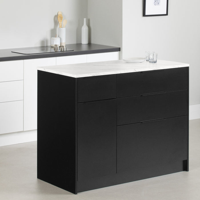 Olio Kitchen Island With Door And Drawers - Matte Black And Faux White Marble