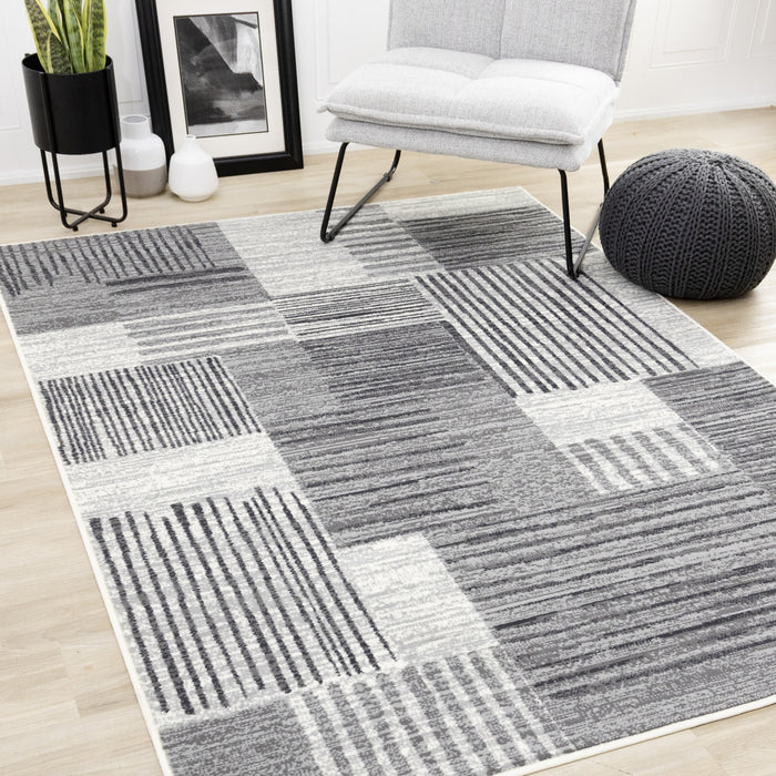 Forte White Grey Black Modern Striped Patches Area Rug - 7'9\" x 10'6\"