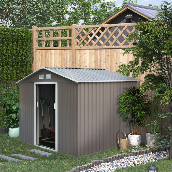 Outsunny 9' X 6' Garden Storage Shed With Floor Foundation, Metal Tool Storage House With Double Doors For Outdoor Patio Yard, Gray