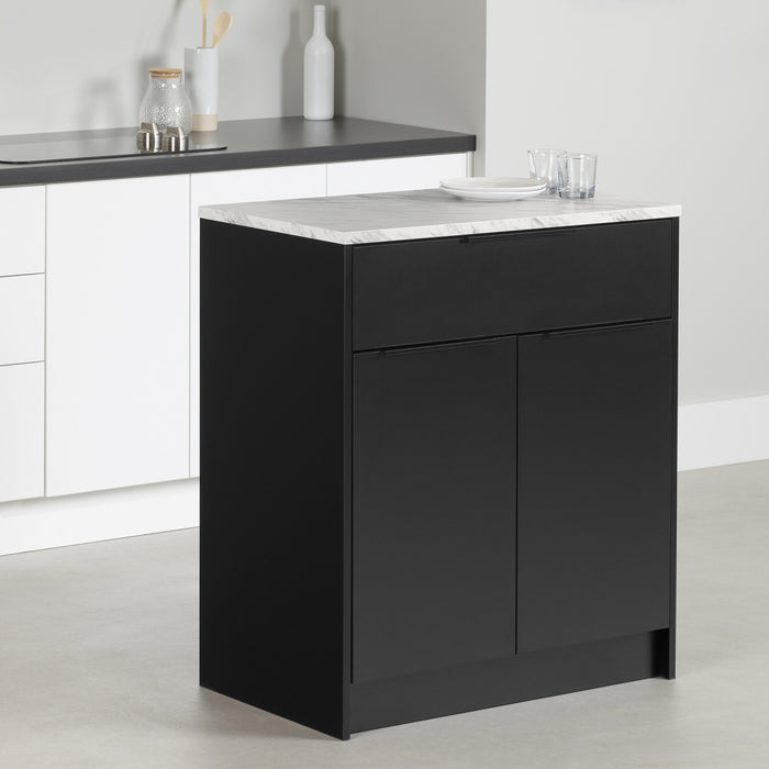 Olio Compact Kitchen Island with Storage - Matte Black & Faux White Marble