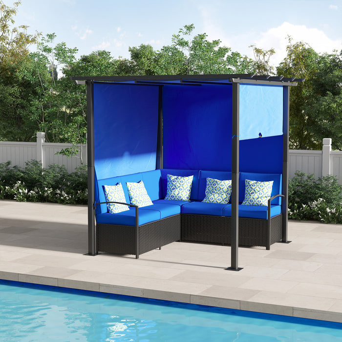 Outsunny Patio Furniture W/ Retractable Canopy Pergola Sofa Set, Blue