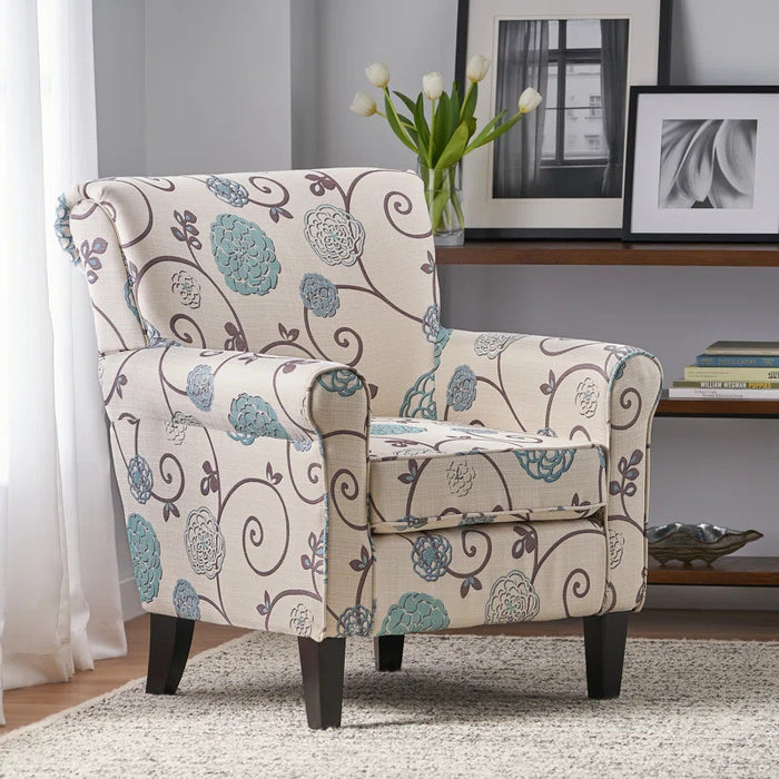 Catherine Linen-look Fabric Accent Chair With Wood Legs - White and Blue