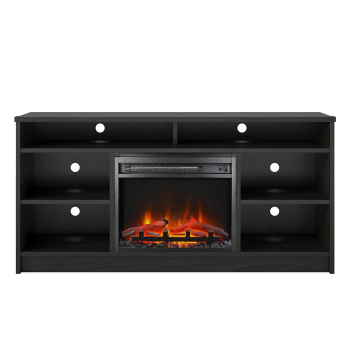 Ameriwood Home Hendrix 55\" TV Stand with Electric Fireplace Insert and Shelves - Black Oak