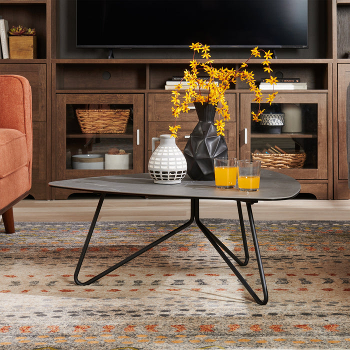 Hamilton 37.99\" Modern Triangular Coffee Table - Grey Marble Look Top with Black Metal Legs