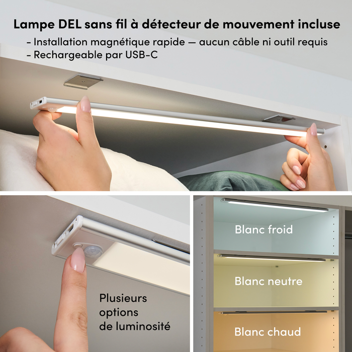 Bestar Florence 113\" Modular U-Shaped Walk-In Closet System with LED Lights, Rods, Shelves, Drawers and Doors Shaker Style - White