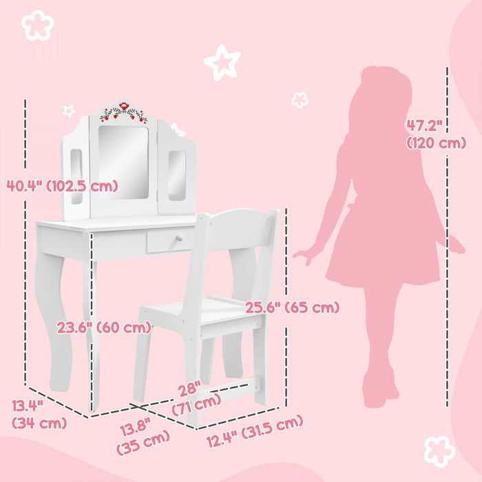 Qaba Kids Vanity Set, Dual-use Dressing Table With Removable Tri-folding Mirror, Makeup Table With Stool And Drawer, For Ages 3-8, White