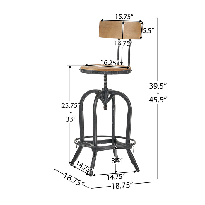 Milo Barstool With Adjustable Height, Fir Wood Seat, Metal Frame - Natural