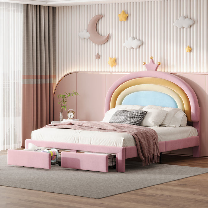 Maggie Upholstered Rainbow Princess Bed With Storage Drawer And Velvet Platform Frame,full Size,pink Full Bed