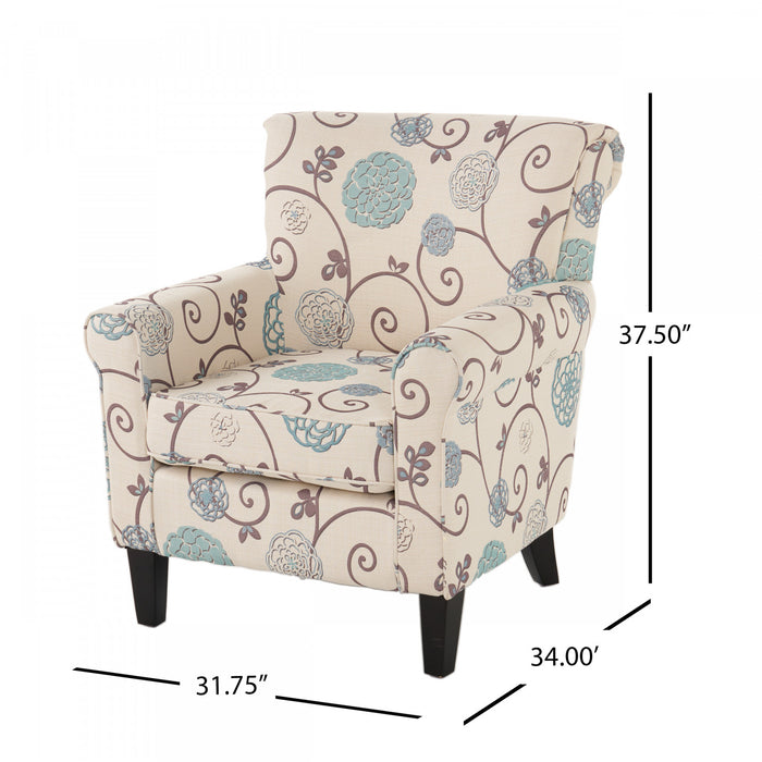 Catherine Linen-look Fabric Accent Chair With Wood Legs - White and Blue