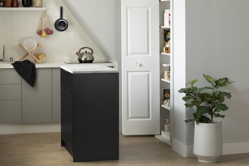 Olio Compact Kitchen Island with Storage - Matte Black & Faux White Marble