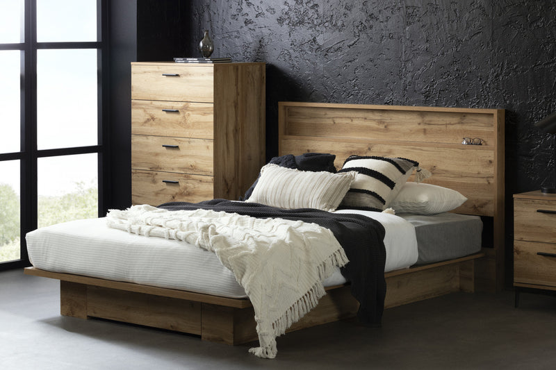 Musano Queen Platform Bed with Drawer - Nordik Oak