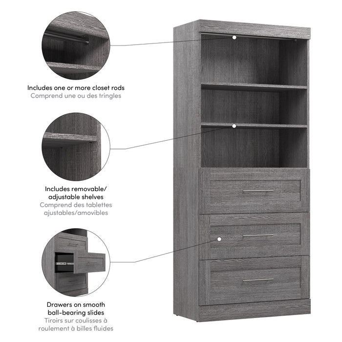 Bestar Pur 36 W Closet Organizer with Drawers - Bark Grey