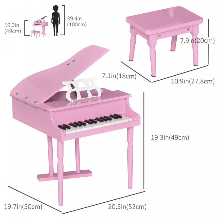Homcom Modern Kids Piano, 30 Keys, Set Of 2, Mini Toy For Child, Grand Piano With Music Stand And Bench, Ideal Gift, Pink